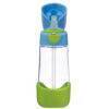 b.box 600ml Tritan drink bottle in blue slate with a green base and a flip-top lid featuring a straw.