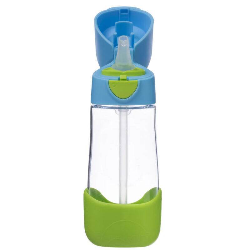 b.box 600ml Tritan drink bottle in blue slate with a green base and a flip-top lid featuring a straw.