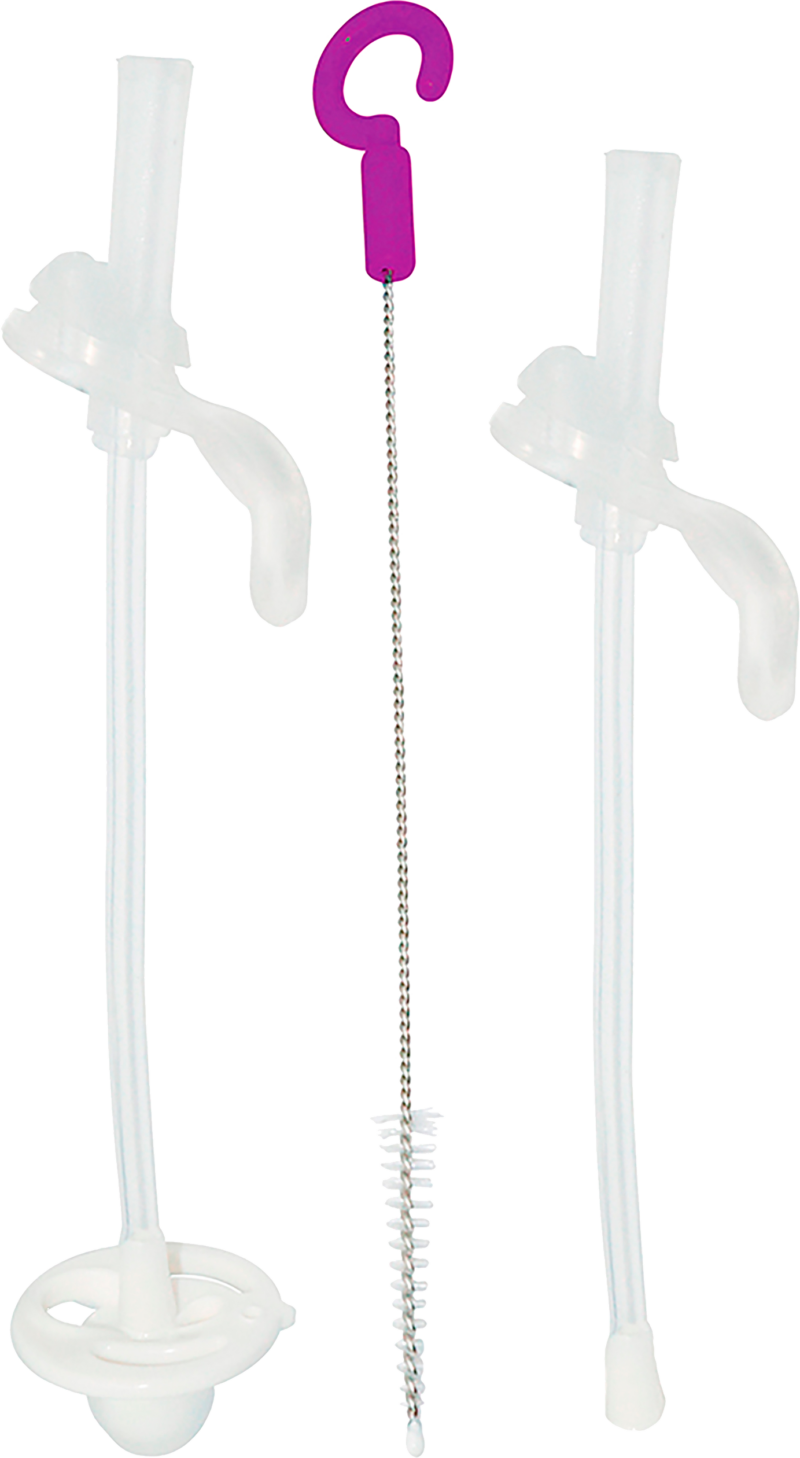 b.box replacement straw pack for sippy cup, includes two clear straws and a cleaning brush with a purple handle.