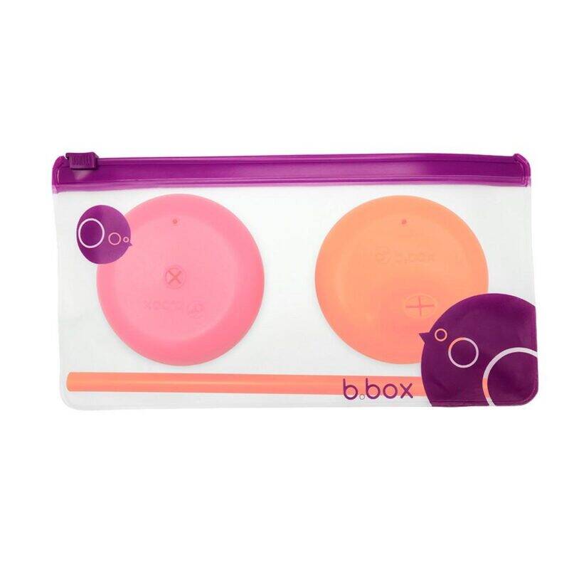 b.box Silicone Lids Travel Pack in Passion Splash and Strawberry Shake, includes two colorful lids in a clear pouch.