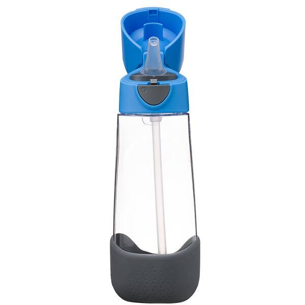 b.box 600ml Tritan drink bottle in blue slate with a flip-top lid and built-in straw for easy sipping.