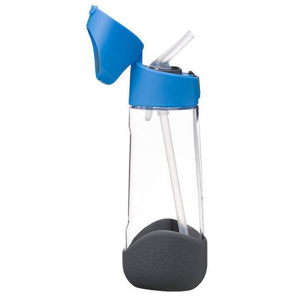 b.box 600ml Tritan drink bottle in blue slate with a flip-top lid and built-in straw for easy sipping.