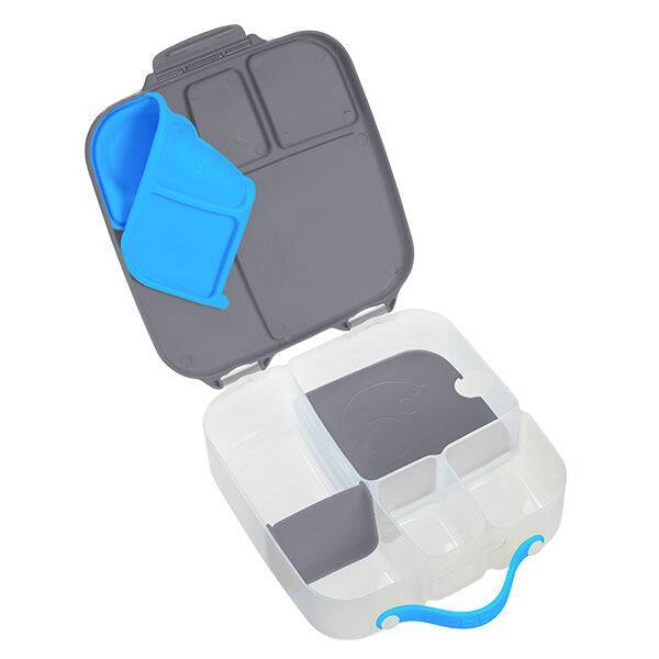 b.box lunchbox in blue slate with multiple compartments and a removable blue tray for easy organization.