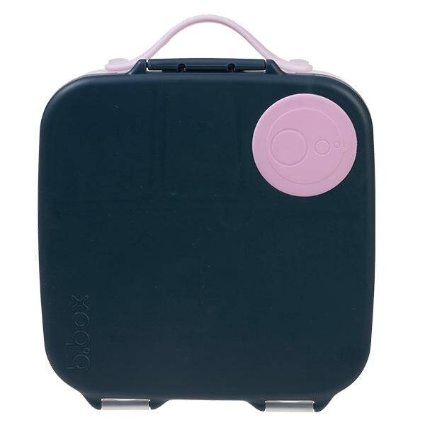 b.box lunchbox in blue slate with a blush crush handle and circular detail, compact design for on-the-go meals.