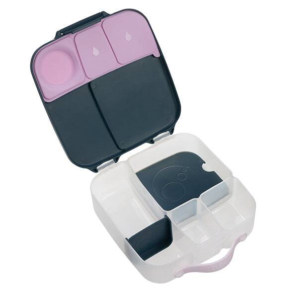 b.box lunchbox in indigo-rose with multiple compartments and a removable tray for easy organization.