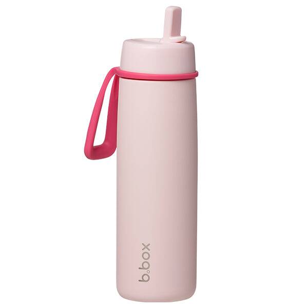 b.box 690ml insulated flip top bottle in pink paradise with a midnight accent and a convenient carrying strap.
