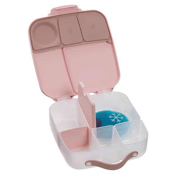 b.box lunchbox in blue slate and blush crush with multiple compartments and a removable divider for easy organization.