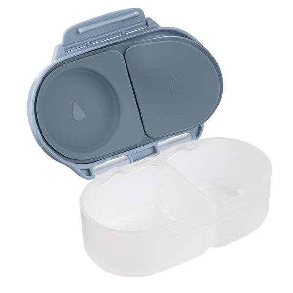 b.box snackbox in blue slate with two compartments and a secure lid, ideal for on-the-go snacking.