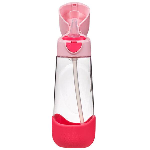 b.box 600ml Tritan drink bottle in flamingo fizz with a flip-top lid and built-in straw, featuring a silicone base.