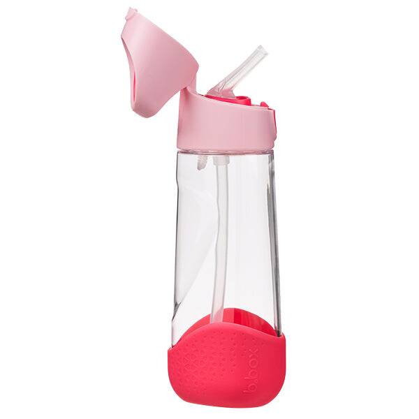 b.box 600ml Tritan drink bottle in flamingo fizz with a flip-top lid and built-in straw for easy sipping.