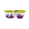 b.box Snack Pack in Grape Rama features two clear containers with purple silicone inserts and a green lid with utensils.
