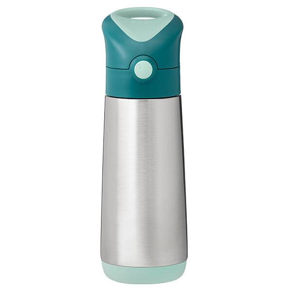 b.box 500ml insulated drink bottle in emerald forest with a sleek stainless steel body and a turquoise lid.