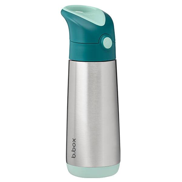 b.box 500ml insulated drink bottle in emerald forest with a teal lid and stainless steel body for durability.