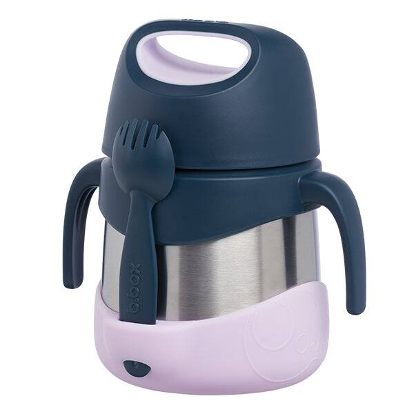 b.box Insulated food jar in emerald forest and indigo rose with a fork and spoon attached, designed for on-the-go meals.