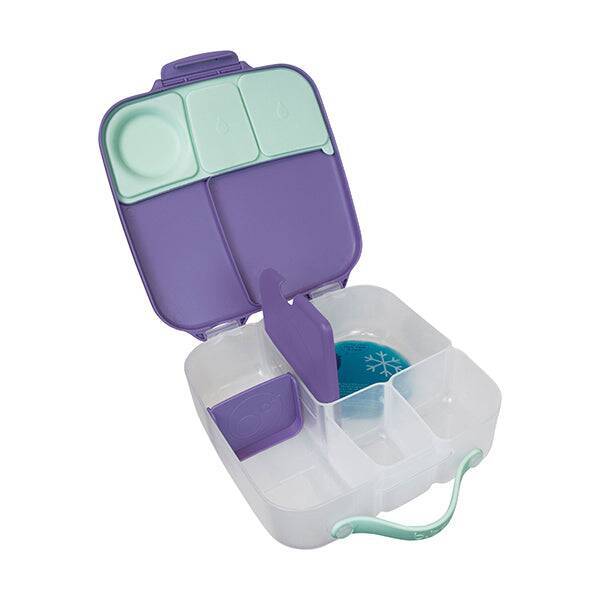 b.box lunchbox in lilac pop with multiple compartments, a removable ice pack, and a secure handle for easy transport.