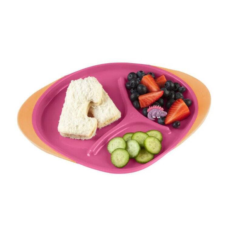 b.box Large Plate in Lemon Sherbet and Strawberry Shake with sections for sandwiches, cucumbers, and fruit.