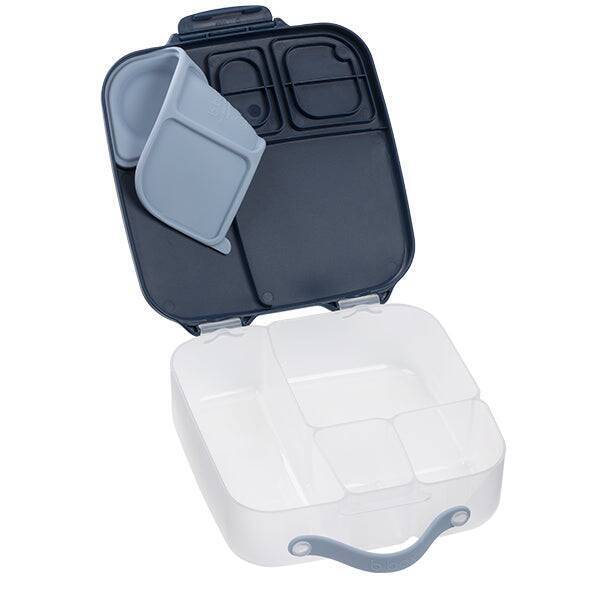 b.box lunchbox in blue slate with removable compartments, showcasing a clear base and organized sections for meals.