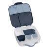 b.box lunchbox in blue slate with multiple compartments and a clear exterior for easy visibility.
