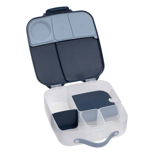 b.box lunchbox in blue slate with multiple compartments and a clear exterior for easy visibility.
