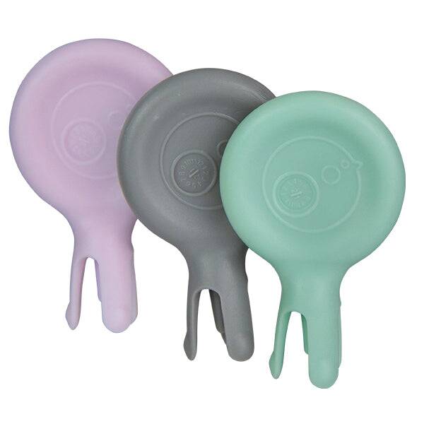 b.box 3 pack mini fork set in pastel pink, grey, and mint green with rounded handles for easy grip.