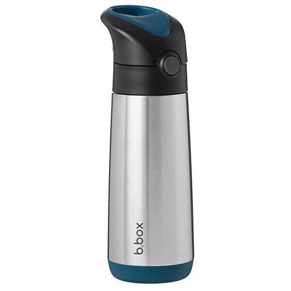 b.box 500ml insulated drink bottle in midnight with a sleek stainless steel body and a black push-button lid.