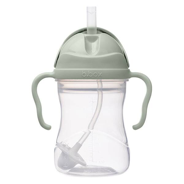 b.box Sippy Cup in apple green with a clear body and two handles, featuring a straw for easy sipping.