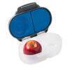 b.box snackbox in blue slate with a divided interior, featuring a red apple in one compartment.