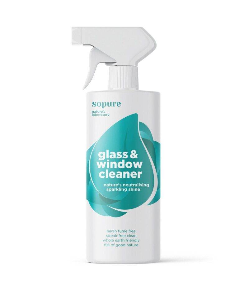 SoPure Glass & Window Cleaner, 500ml spray bottle, features a sleek design with a turquoise label and a white trigger.
