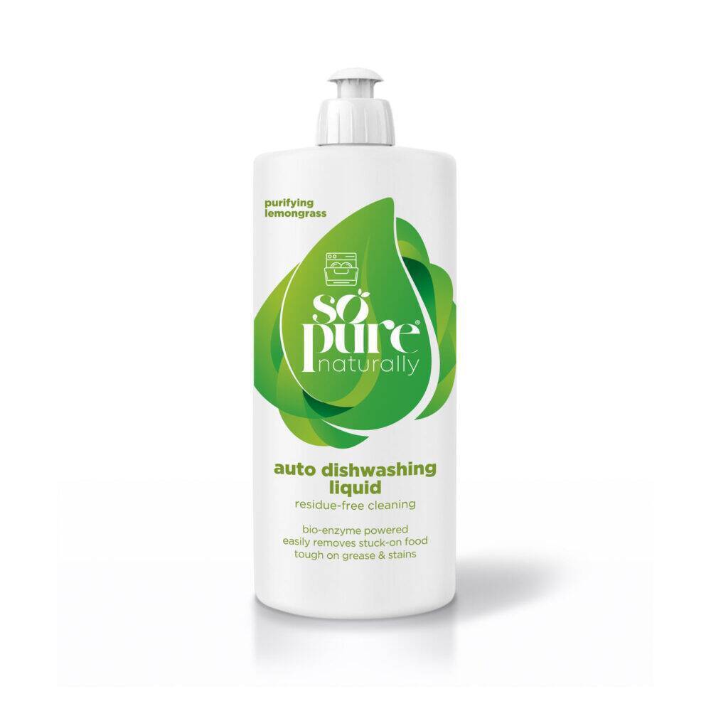 SoPure Auto Dishwashing Liquid, 500ml, features a white bottle with green accents and a lemongrass scent for residue-free
