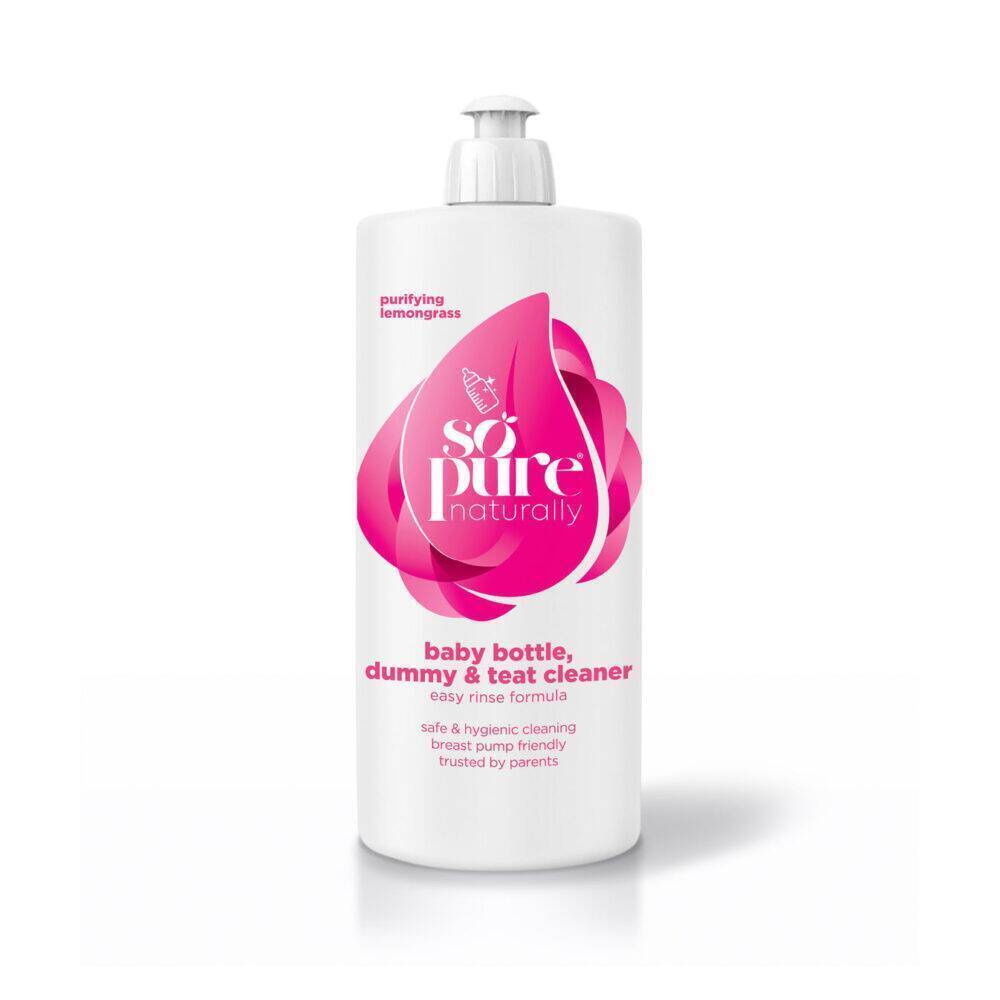 SoPure Baby Bottle, Dummy & Teat Cleaner, 5 litre, features a pink label with a lemongrass scent and easy rinse formula.