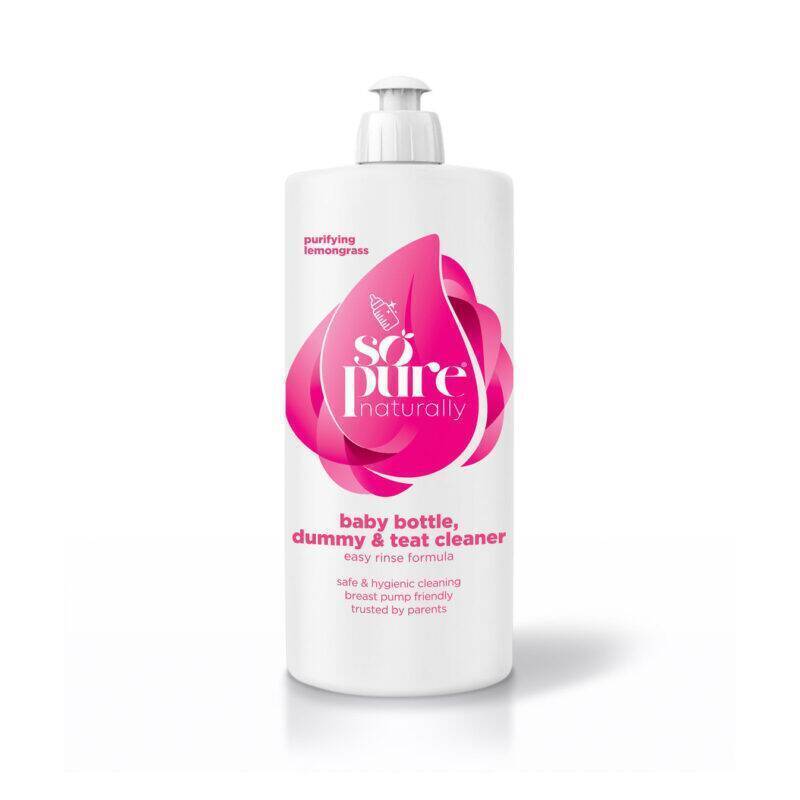 SoPure Baby Bottle, Dummy & Teat Cleaner, 5 litre, features a pink label with a lemongrass scent and easy rinse formula.