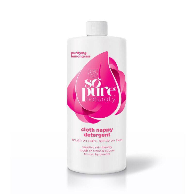 SoPure Cloth Nappy Detergent, 1 litre, features a pink label with a lemongrass design, tough on stains yet gentle on skin.
