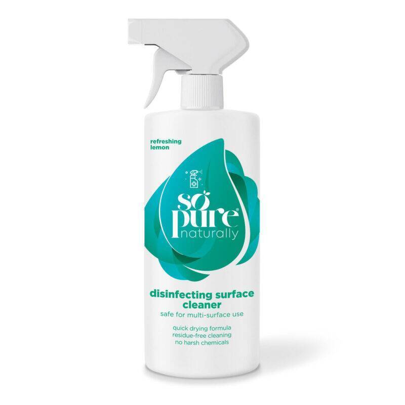 SoPure disinfecting surface cleaner in a 500ml spray bottle with a refreshing lemon scent and a green label design.