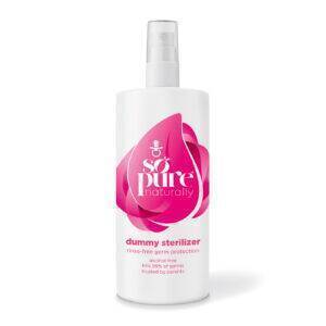 SoPure Dummy Sterilizer 100ml, a rinse-free germ protection spray in a white bottle with a pink design.