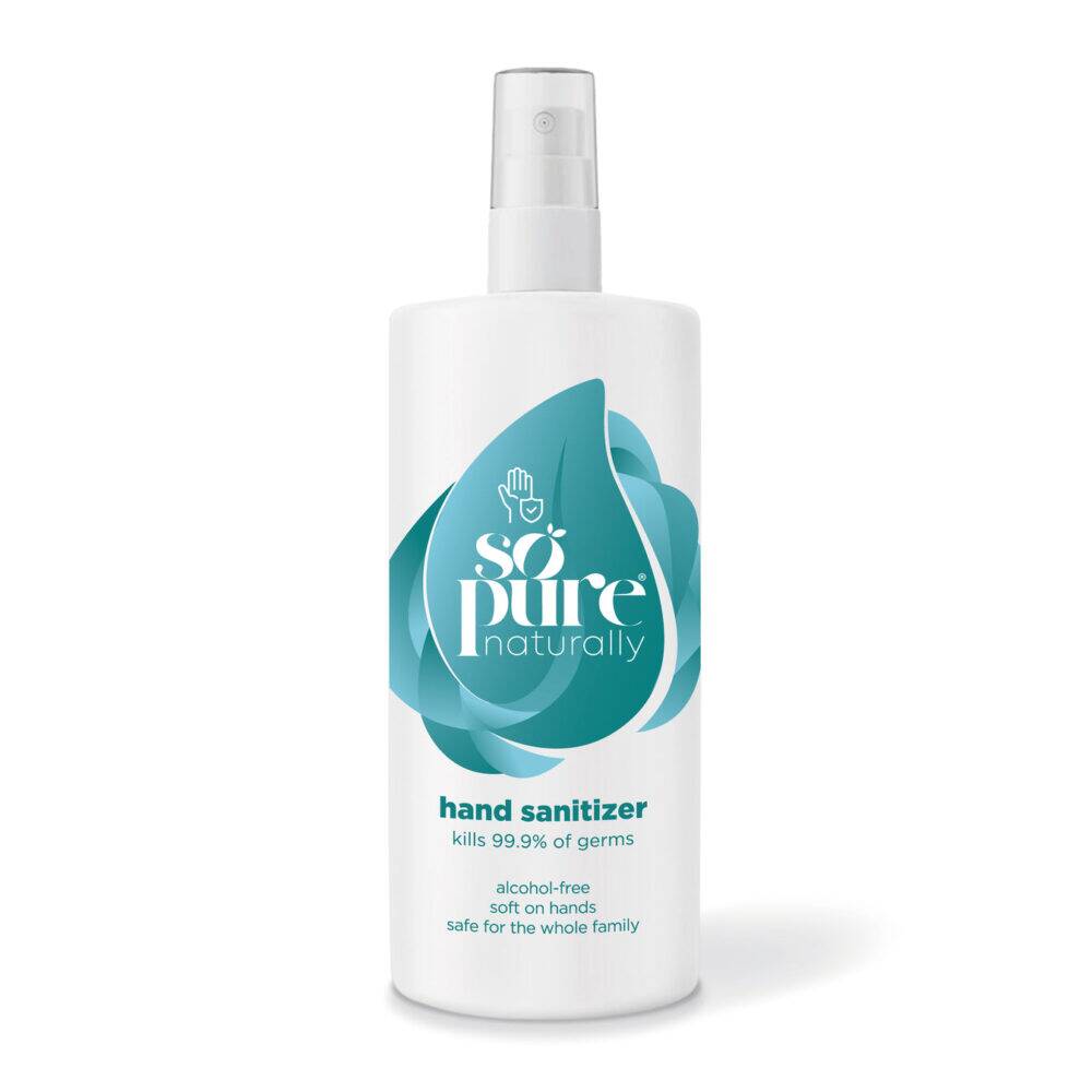 SoPure hand sanitiser in a 500ml spray bottle, alcohol-free formula, kills 99.9% of germs, safe for the whole family.