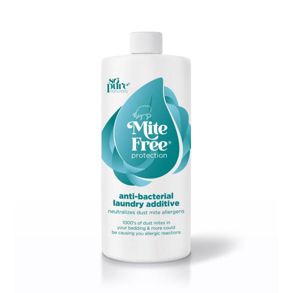 SoPure Mite-free Anti-bacterial Laundry Additive in a 500ml bottle, featuring a blue and white design with a protective