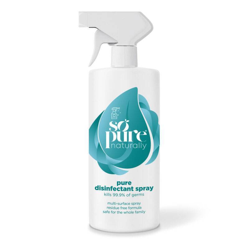 SoPure Pure Disinfectant Spray in a white bottle with a turquoise label, designed to kill 99.9% of germs.