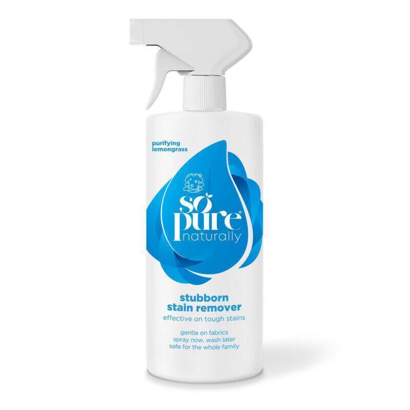 SoPure Stubborn Stain Remover, 500ml, features a spray bottle with a blue and white design and a lemongrass scent.