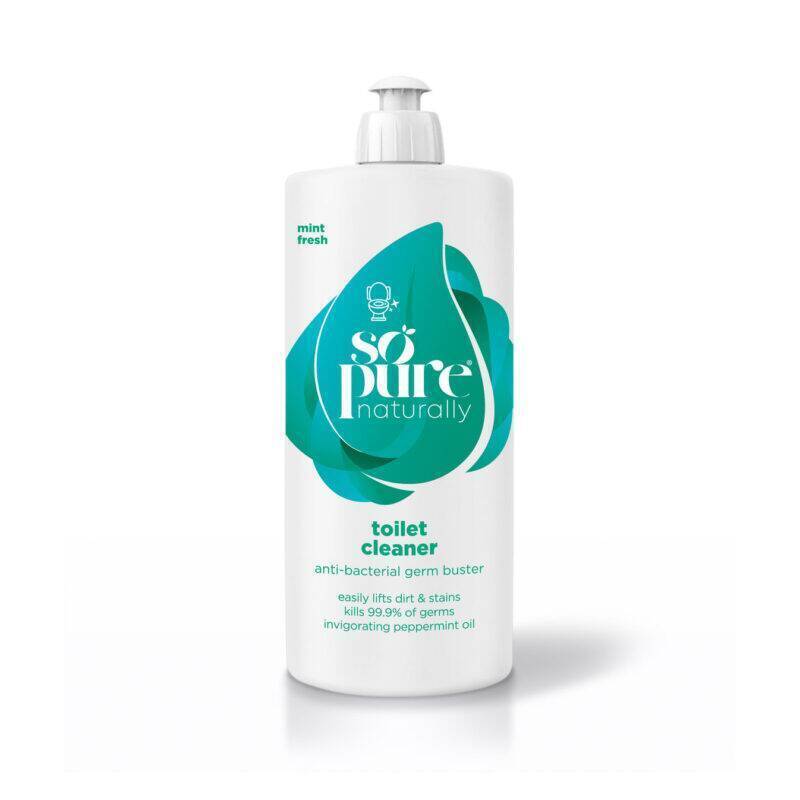 SoPure Toilet Cleaner in a white bottle with mint green accents, featuring an anti-bacterial formula and peppermint oil.