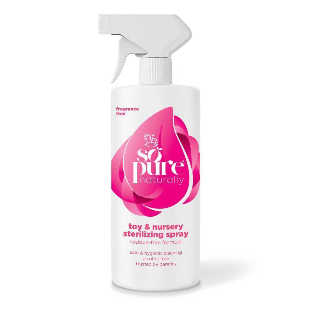 SoPure Toy & Nursery Sterilising Spray, 500ml, fragrance-free, features a pink and white design with a spray nozzle.