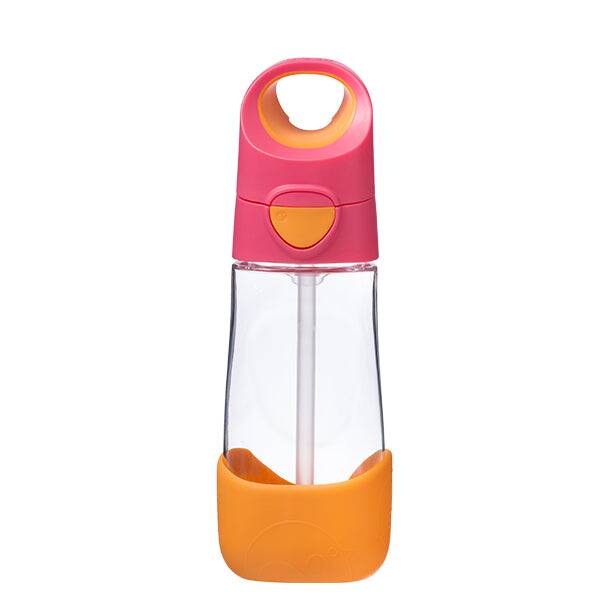 b.box 600ml Tritan drink bottle in flamingo fizz with an orange base and built-in straw, ideal for kids on the go.