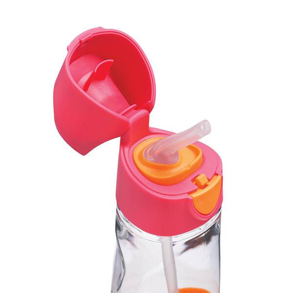 b.box 600ml Tritan drink bottle in Flamingo Fizz with a flip-top lid and straw for easy sipping.
