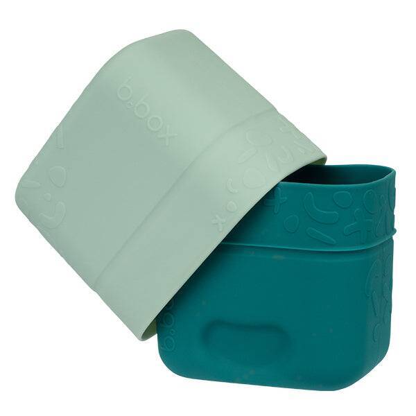 b.box silicone snack cup in forest green, featuring a flexible design and playful embossed patterns.