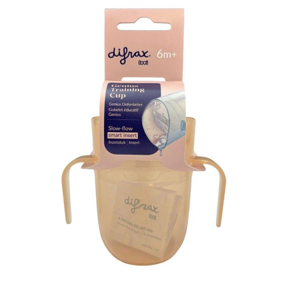 Difrax LOVI Genius Sippy Training Cup in nude and pistachio with a slow-flow design, ideal for children 6 months and older.