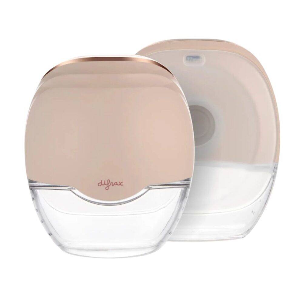 Difrax Handsfree Breastpump in soft pink and clear design, featuring a sleek, ergonomic shape for comfortable use.