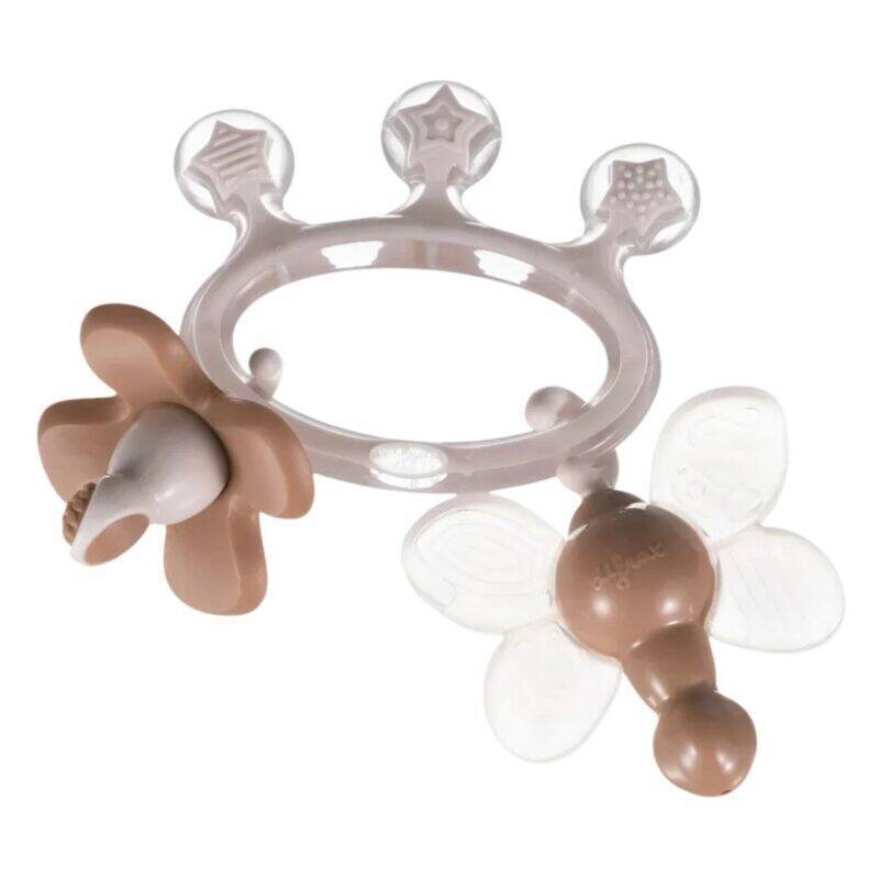 Difrax Crown Teething Ring in soft beige and clear, featuring a crown shape with flower and bee attachments.