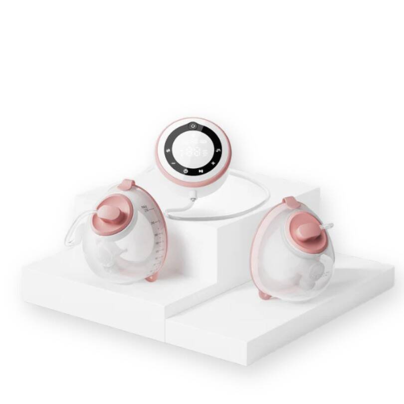 Momcozy V1 Pro Hospital-Grade Wearable Breast Pump in pink with two collection cups and digital display.