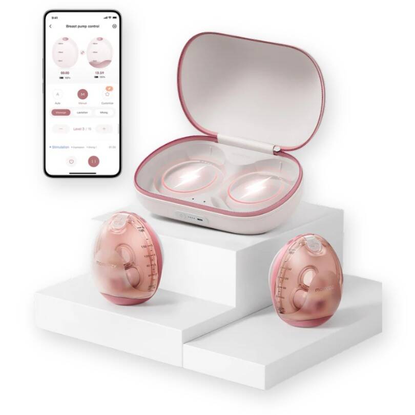 Momcozy Air 1 Ultra-slim Breast Pump in pink with two pumps and a smartphone displaying the app interface.