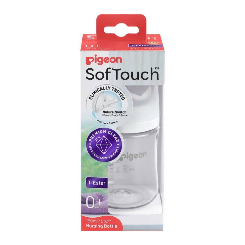 Pigeon Softouch Nursing Bottle T-Ester 160ml in clear packaging with a white cap and a natural switch feature.