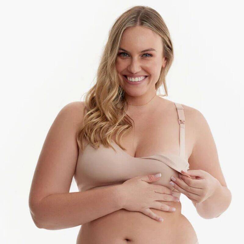 Momcozy Ultra Soft Seamless Nursing Bra YN21 in beige, featuring easy-open nursing clips and a comfortable fit.